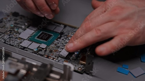 Precise application new thermal pad onto graphics processing unit - GPU chip by technician male in workshop, ensuring efficient heat dissipation during operation. Concept of desktop PC maintenance.
