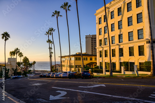 2023-12-31 JENNER STREET IN LA JOLLA WITH A GOLDEN HOUR LOOK WITH LOCAL BUILDINGS AND A VIEW OF THE PACIFIC OCEAN NEAR SAN DIEGO CALIFORNIA photo