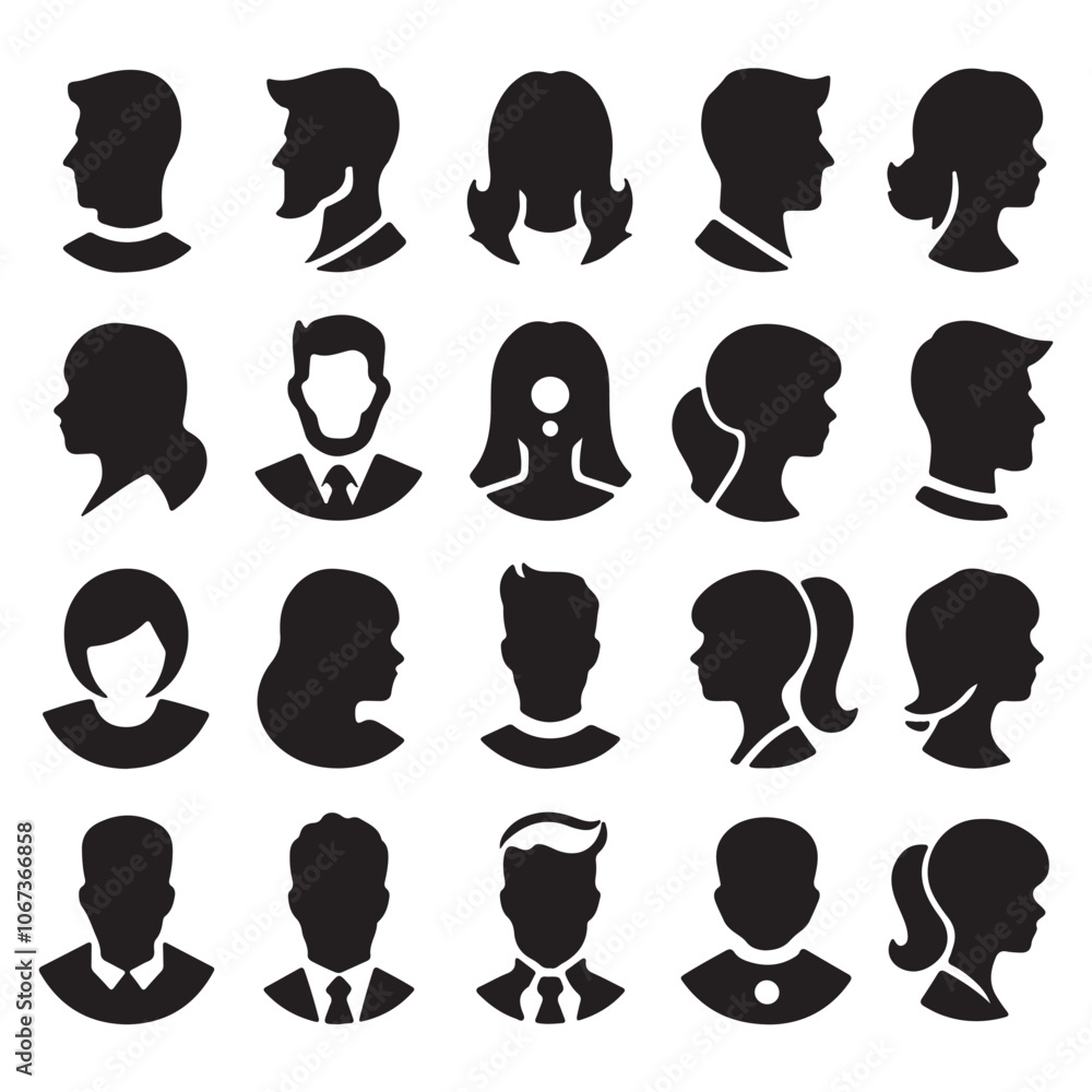 Profile icon. Avatar icons set. Male and female head silhouettes vector on white background Profile icon. Avatar icons set. Male and female head silhouettes vector on white background