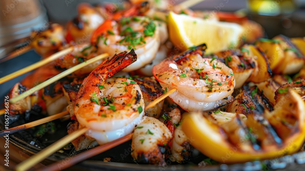 Grilled seafood skewers served with lemon wedges Grilled seafood skewers served with lemon wedges