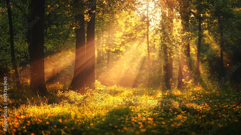 Sunlight streaming through lush green forest with golden glow Sunlight streaming through lush green forest with golden glow