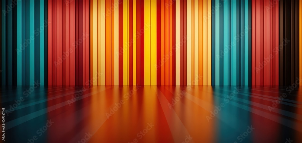 Vibrant striped backdrop with colorful reflections on a glossy floor. Vibrant striped backdrop with colorful reflections on a glossy floor.