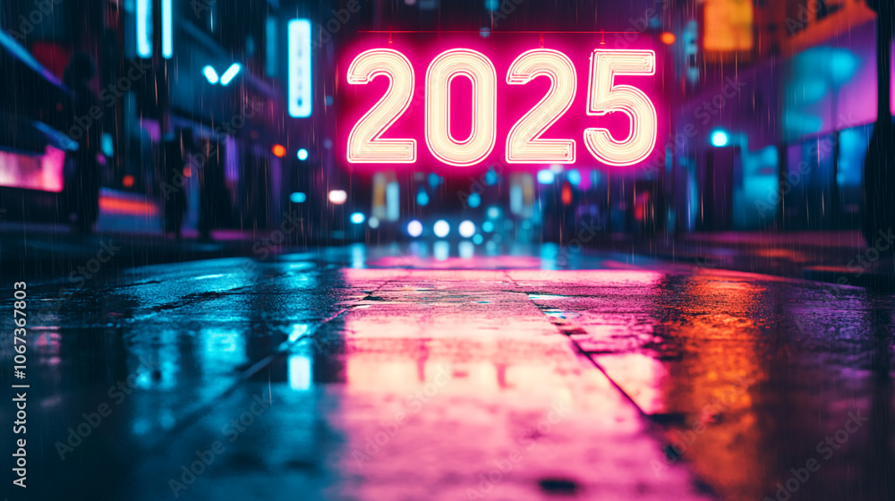 A neon sign displaying the year 2025 hangs above a wet city street. Rain falls on the pavement, reflecting the colorful glow of the city lights A neon sign displaying the year 2025 hangs above a wet city street. Rain falls on the pavement, reflecting the colorful glow of the city lights