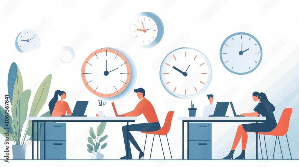 A busy office scene with clocks on the wall, people working hard to meet year-end deadlines for Tick Tock Day
