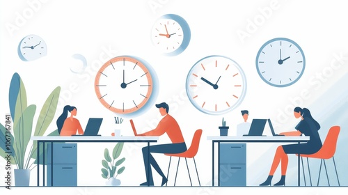 Obraz na płótnie A busy office scene with clocks on the wall, people working hard to meet year-end deadlines for Tick Tock Day w salonie
