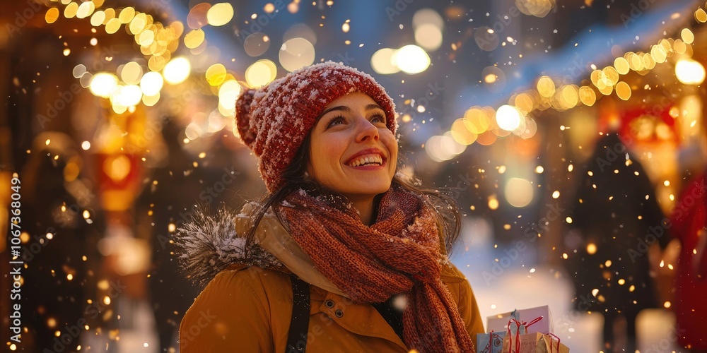 Friends share laughter as they explore a snowy outdoor market, bundled up in warm coats and scarves, carrying holiday-themed shopping bags under glowing streetlights and Friends share laughter as they explore a snowy outdoor market, bundled up in warm coats and scarves, carrying holiday-themed shopping bags under glowing streetlights and