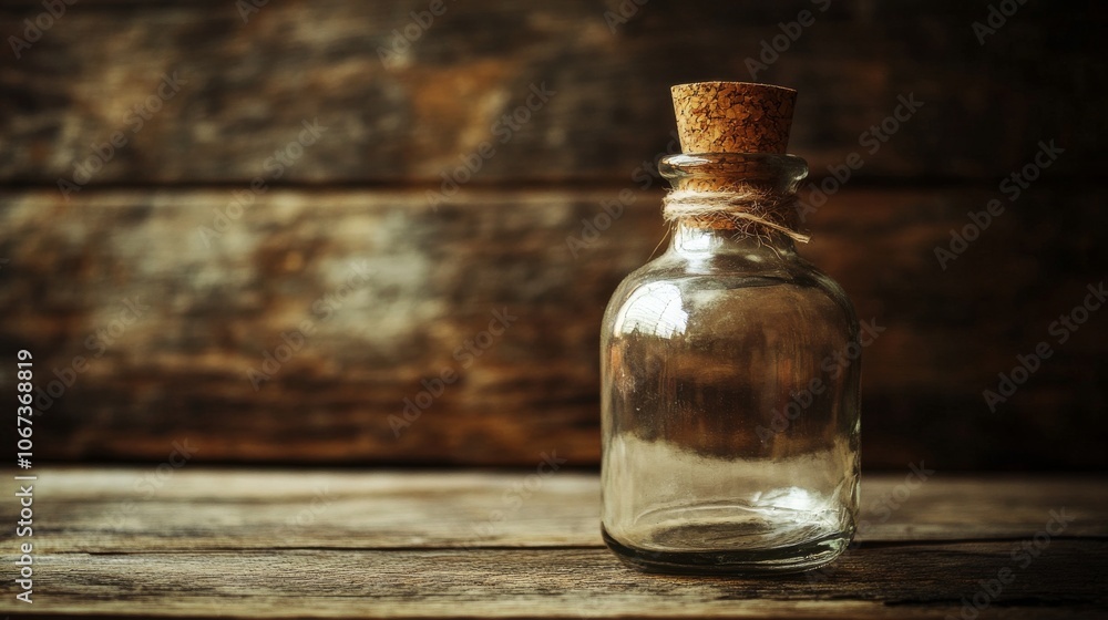 Empty Glass Bottle with Cork Stopper on Rustic Wooden Background. Empty Glass Bottle with Cork Stopper on Rustic Wooden Background.
