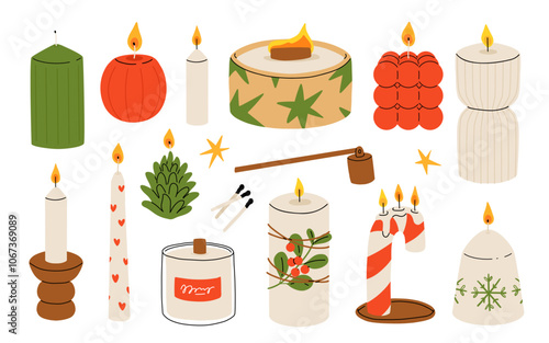 Christmas candles. Cartoon xmas decor burning candles, winter holidays wax candles with Christmas decorations, Noel home interior decor flat vector illustration set. Xmas candles collection