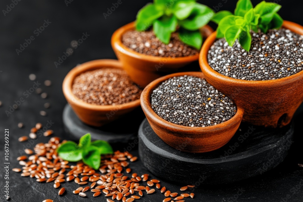 Close-up of chia seeds and flaxseeds in small bowls, symbolizing the brain health benefits of omega-3s Close-up of chia seeds and flaxseeds in small bowls, symbolizing the brain health benefits of omega-3s
