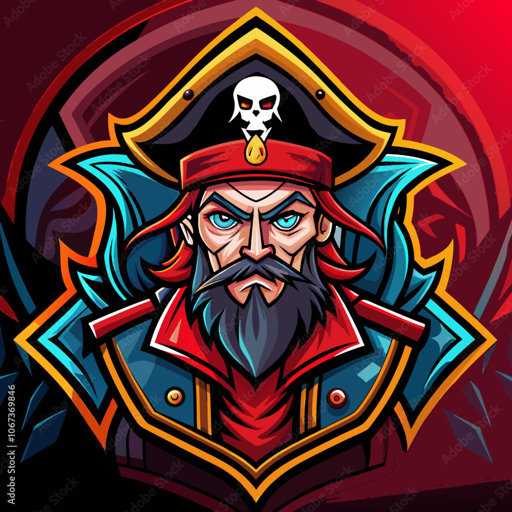 A fierce esports logo featuring a pirate captain with striking blue eyes and a distinctive beard, designed for competitive gaming teams in 2023 A fierce esports logo featuring a pirate captain with striking blue eyes and a distinctive beard, designed for competitive gaming teams in 2023