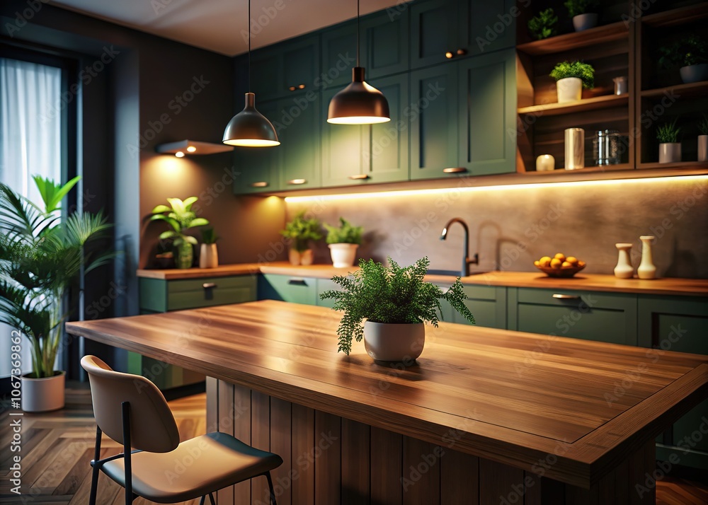 Low Light Kitchen Desk Empty Space AI Photo, Interior Design Low Light Kitchen Desk Empty Space AI Photo, Interior Design