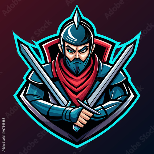 A fierce swordsman logo representing esports competition with sharp blades and a bold design showcasing strength and strategy