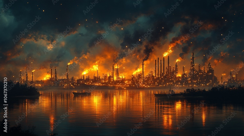 Fototapeta premium A fiery industrial complex spews smoke and flames into the night sky, reflected in the calm waters of a river.
