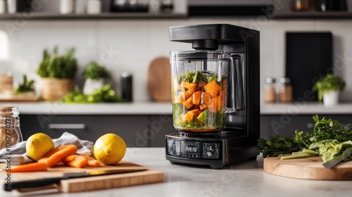 A blender filled with vegetables on a kitchen countertop, ready for blending. photo