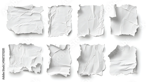 White torn paper texture collection set on white background