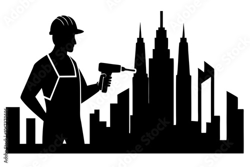 Construction worker black silhouette vector on white background.