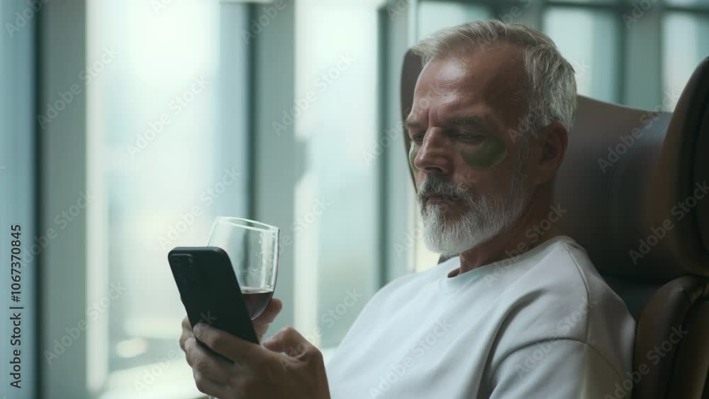 Chest up of groomed Caucasian man with hydrogel eye patches applied on his face relaxing in leather armchair with glass of red wine and smartphone Chest up of groomed Caucasian man with hydrogel eye patches applied on his face relaxing in leather armchair with glass of red wine and smartphone