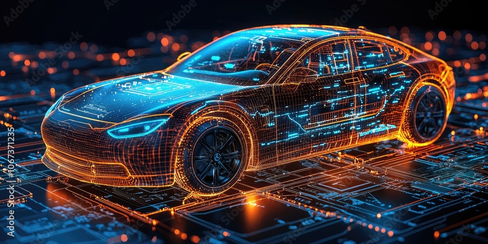Autonomous Electric Vehicle: An autonomous electric vehicle utilizing sensors and cameras to navigate urban streets, showcasing real-time data. Autonomous Electric Vehicle: An autonomous electric vehicle utilizing sensors and cameras to navigate urban streets, showcasing real-time data.