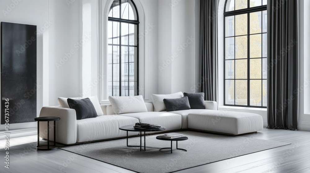 Fototapeta premium White Sectional Sofa in Modern Living Room with Large Windows