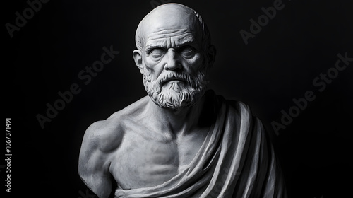 Greek sculpture of an old stoic man, roman god statue, black and white