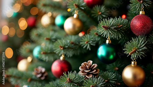 Christmas tree closeup background with fir branches, baubles and cones