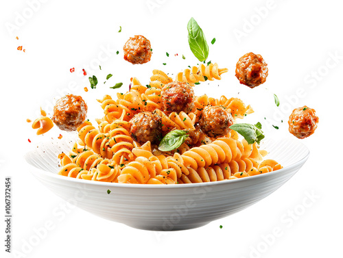 a bowl of pasta with meatballs falling