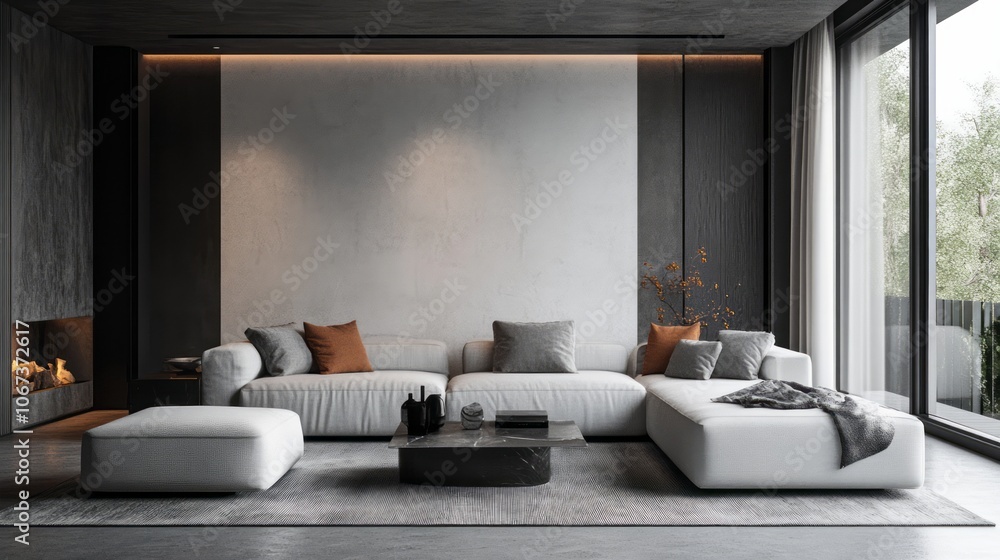 Modern Living Room with White Sectional Sofa and Fireplace Modern Living Room with White Sectional Sofa and Fireplace