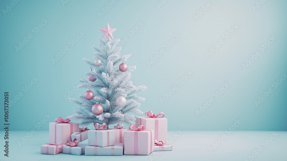 Christmas tree and gifts, Minimalist Christmas tree with soft pastel ornaments, surrounded by wrapped gifts with space for text Christmas tree and gifts, Minimalist Christmas tree with soft pastel ornaments, surrounded by wrapped gifts with space for text