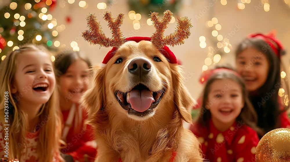 Cheerful Golden Retriever with Reindeer Antlers Cheerful Golden Retriever with Reindeer Antlers