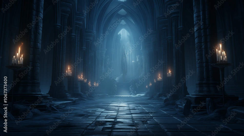 Fototapeta premium Dark Gothic Cathedral Interior with Atmospheric Lighting and Ancient Architecture