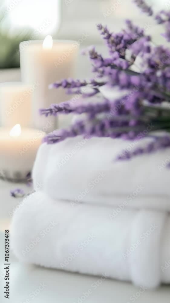Soft white towels are neatly stacked on a table, adorned with a bouquet of fresh lavender and accompanied by lit candles, creating a serene and inviting atmosphere for a luxurious spa experience Soft white towels are neatly stacked on a table, adorned with a bouquet of fresh lavender and accompanied by lit candles, creating a serene and inviting atmosphere for a luxurious spa experience