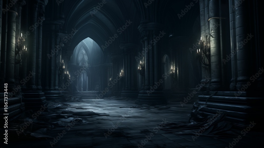Dark Gothic Castle Corridor with Moonlit Arches and Candlelight Dark Gothic Castle Corridor with Moonlit Arches and Candlelight