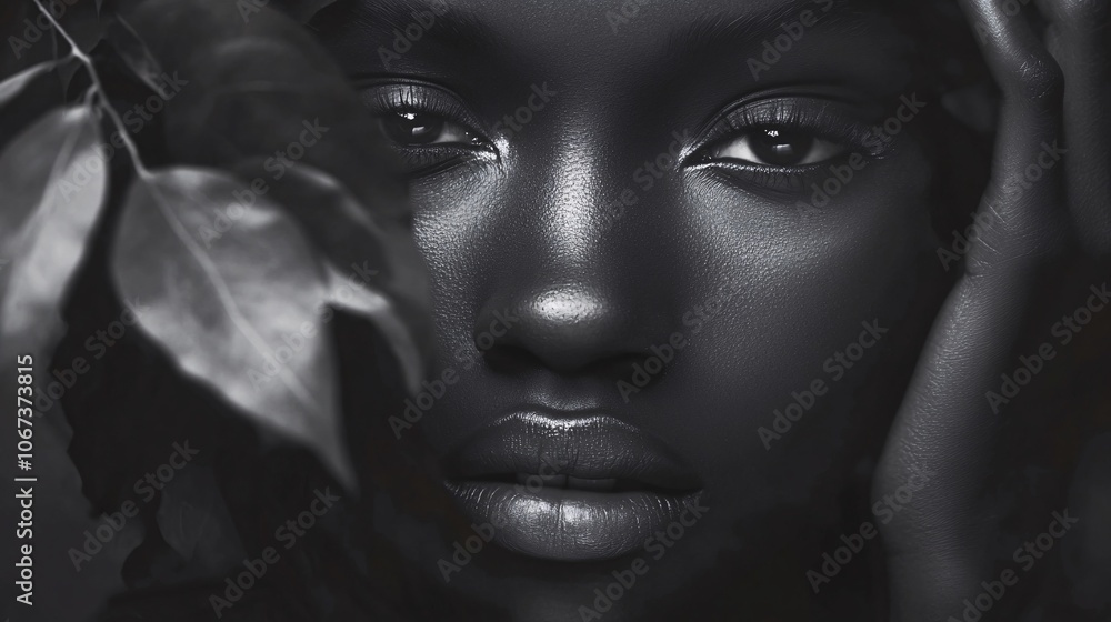 Monochrome Portrait of a Woman with Dark Skin and Leaves Monochrome Portrait of a Woman with Dark Skin and Leaves