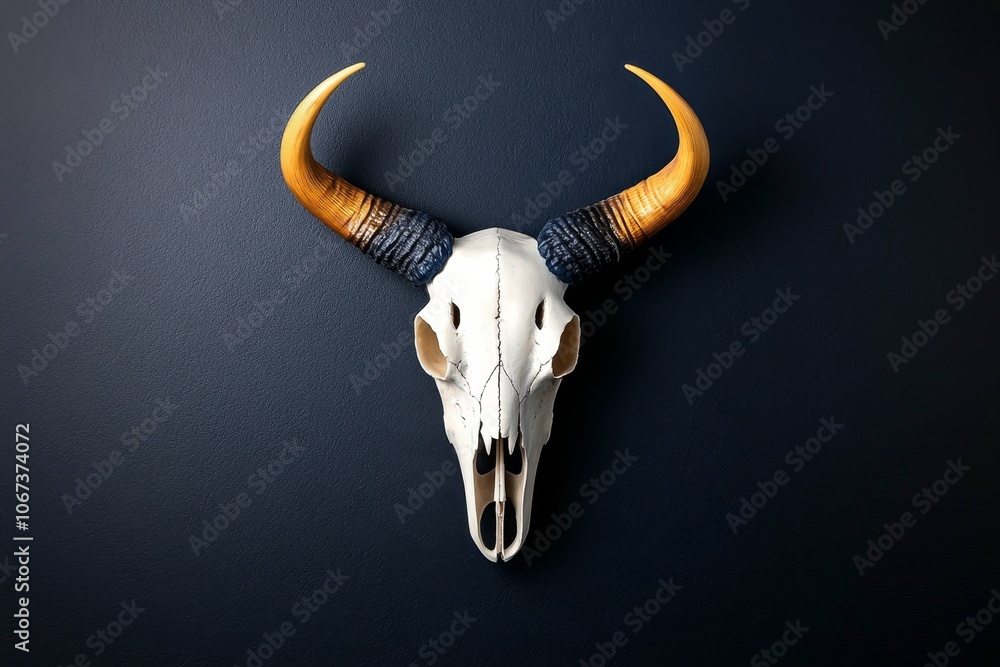 Fototapeta premium Minimalist Western Gothic decor with a single animal skull mounted on a dark wall, symbolizing simplicity and elegance