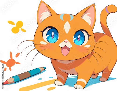 Cute Cartoon Cat with Big Blue Eyes and Colorful Art Supplies