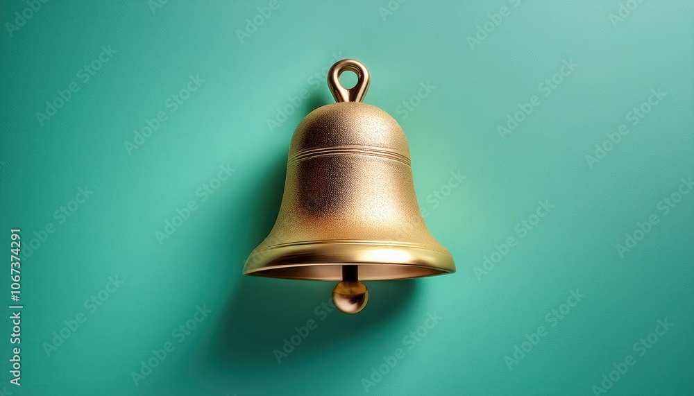 Golden Bell on Teal Background. Minimalist Isolated Brass Bell Symbolizing Notification, Alert, or Ringing Sound; Ideal for Web or App Use in Notification Icons, Announcements, or Alerts Golden Bell on Teal Background. Minimalist Isolated Brass Bell Symbolizing Notification, Alert, or Ringing Sound; Ideal for Web or App Use in Notification Icons, Announcements, or Alerts