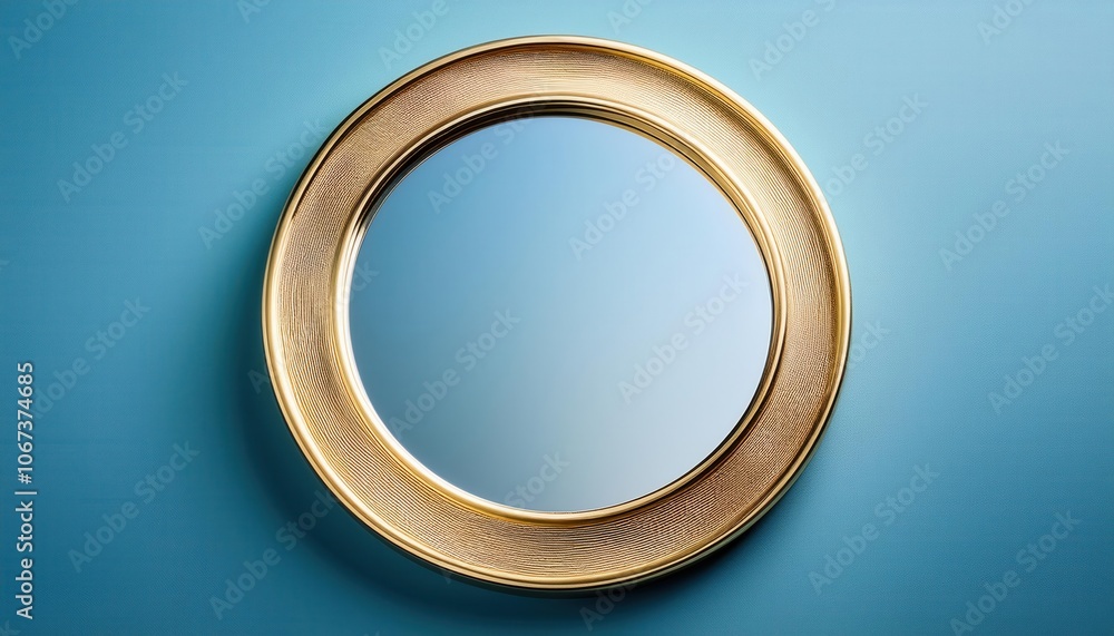Modern Circular Gold Frame Mirror Against Blue Wall with Soft Shadow. Ideal for Luxury Interior Design Concepts, Minimalist Decor Inspiration, or Product Mockups in Home and Lifestyle Modern Circular Gold Frame Mirror Against Blue Wall with Soft Shadow. Ideal for Luxury Interior Design Concepts, Minimalist Decor Inspiration, or Product Mockups in Home and Lifestyle