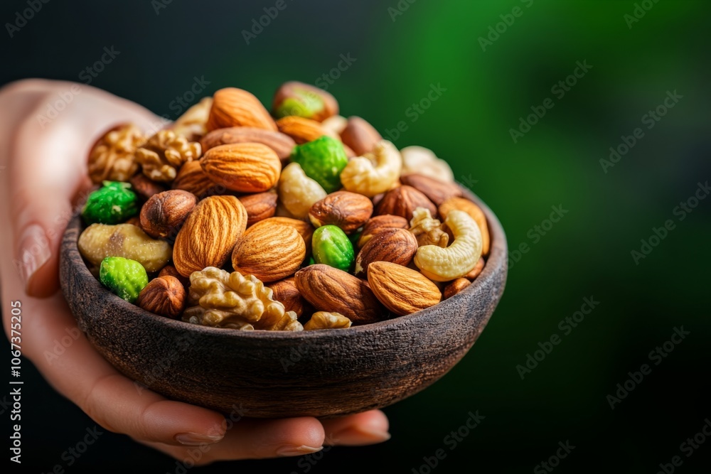 Person holding a bowl of mixed nuts like almonds and walnuts, highlighting healthy fats for brain health Person holding a bowl of mixed nuts like almonds and walnuts, highlighting healthy fats for brain health