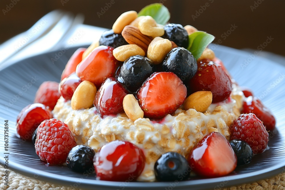 Serving of oats with berries and nuts on top, showing a balanced and nutrient-dense brain-boosting breakfast Serving of oats with berries and nuts on top, showing a balanced and nutrient-dense brain-boosting breakfast
