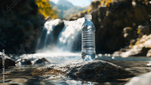 A plastic water bottle stands on a rock in a natural setting with a blurred mountain waterfall background, symbolizing clean and quality water, purity and environmental themes.  