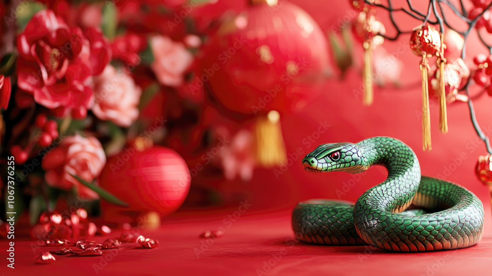 Green snake with festive Chinese New Year decor, surrounded by lanterns and floral elements, symbolizing prosperity.. Green snake with festive Chinese New Year decor, surrounded by lanterns and floral elements, symbolizing prosperity..