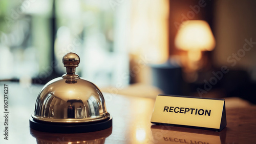 Close-up of a shiny reception desk bell beside a sign with a gold inscription RECEPTION in a cozy, modern uxurious hotel lobby, symbolizing hospitality and service.