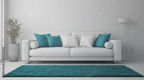 Wallpaper Mural White Sofa with Teal Pillows and Rug in a Minimalist Living Room Torontodigital.ca