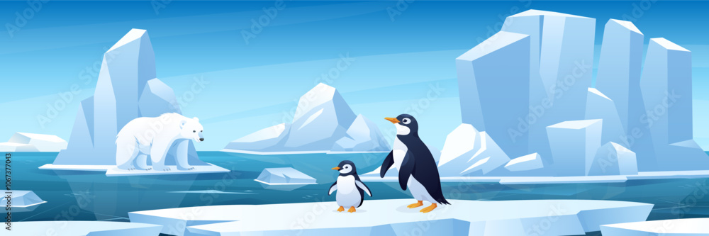 Obraz premium Arctic ice landscape with bear and penguins. Vector illustration of snowy polar nature with wildlife, ocean, icebergs, glaciers, frozen mountains, floating ice. Horizontal view. Global warming concept