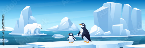 Arctic ice landscape with bear and penguins. Vector illustration of snowy polar nature with wildlife, ocean, icebergs, glaciers, frozen mountains, floating ice. Horizontal view. Global warming concept