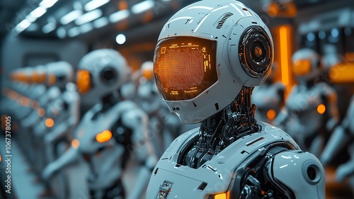 Advanced Robots Lined up in a Futuristic Lab Illuminated by Orange Lights. Generative AI