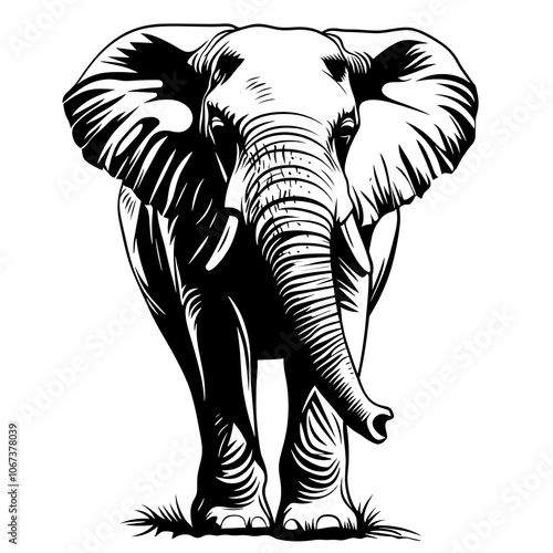Wallpaper Mural Black and white illustration of an elephant with a trunk raised in a forward position. Torontodigital.ca