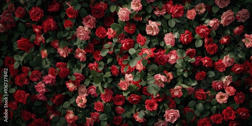 Red roses and pink roses flower leaf wall.