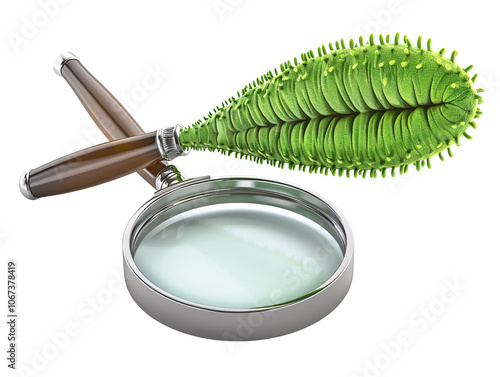 a magnifying glass and a leaf