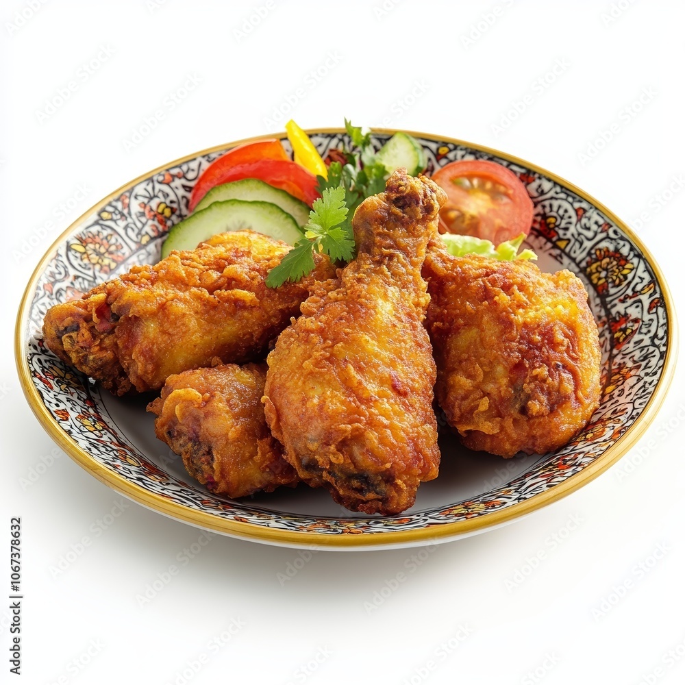 Crispy Savory Indonesian Fried Chicken (Ayam Goreng) on a Traditional Plate, Isolated on White Crispy Savory Indonesian Fried Chicken (Ayam Goreng) on a Traditional Plate, Isolated on White